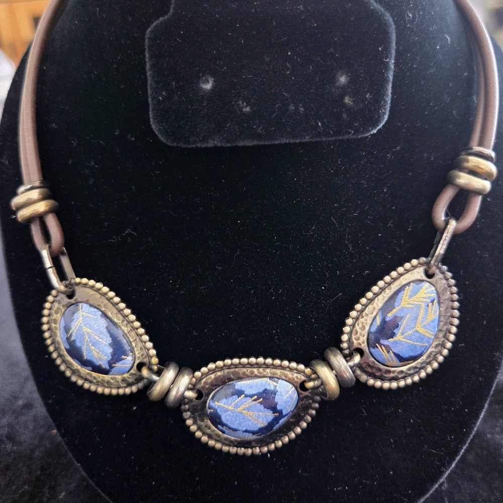 Statement Necklace Blue Gold Pendants Antique Brass Frames on Brown Leather Cord